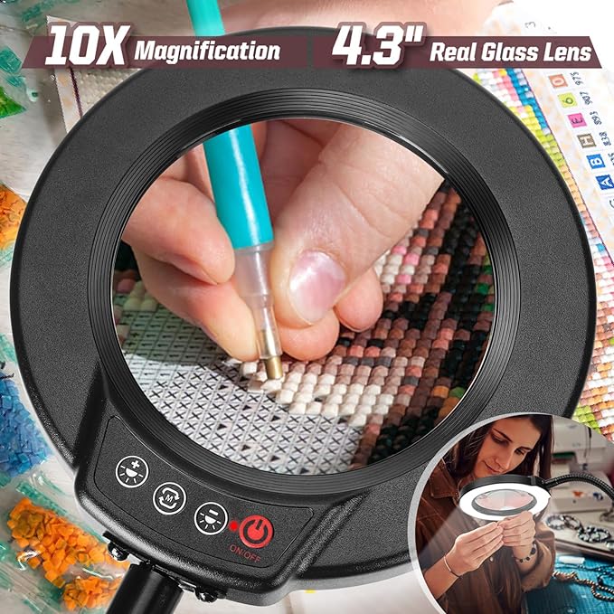 10X Magnifying Glass with Light and Stand, 16.5in Flexible Goose-Neck, 5 Color Modes Stepless Dimmable LED Lighted Desk Lamp, Hands Free Magnifier for Crafting Hobby Painting Close Work - Black - Image 3