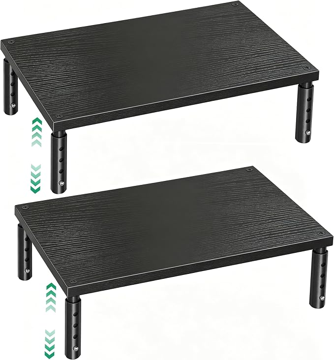 Adjustable Monitor Stand Riser for Desk, Wood Computer & Laptop Stand, Desk Organizers and Accessories, Office Desk Accessories & Workspace Organizer for Home Office Supplies, Black 2-Pack by OPNICE
