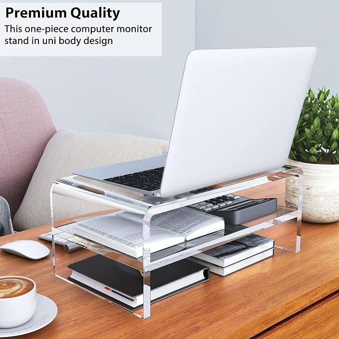 Egchi Acrylic Monitor Stand Riser, 2 Tier Clear Computer Monitor Stand for Home Office Business, PC Desk Stand Monitor Riser for Keyboard Storage, Laptop, Printer and TV Screen -12x7.2x5.12 inches | Desk Stand Monitor Riser, for Home Office Business, K... - Image 6