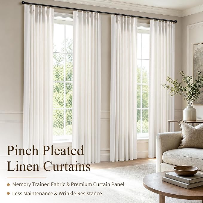 Hokibero Natural Pinch Pleated Linen Curtains 120 Inch Long for Living Room | Ivory Light Filtering Semi Sheer Curtain,Back Tab Hooks Rings,Farmhouse Textured Privacy Drapes for Bedroom Window,2 Panels - Image 2