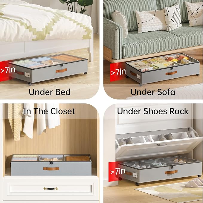 Yecaye Under Bed Storage with Wheels, 2 Pack Under Bed Storage Containers with Adjustable Dividers & Clear Window, Rolling Underbed Organizer Bins Drawers for Clothes, Shoes, Blankets, Grey - Image 7