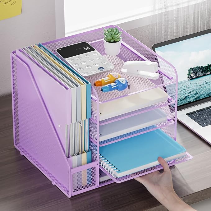 Marbrasse Desk Organizers and Accessories, 5-Tier Paper Letter Tray Organizer with File Holder, Mesh File Organizer, Office Desk Accessories & Organization for Supplies (Purple) - Image 3