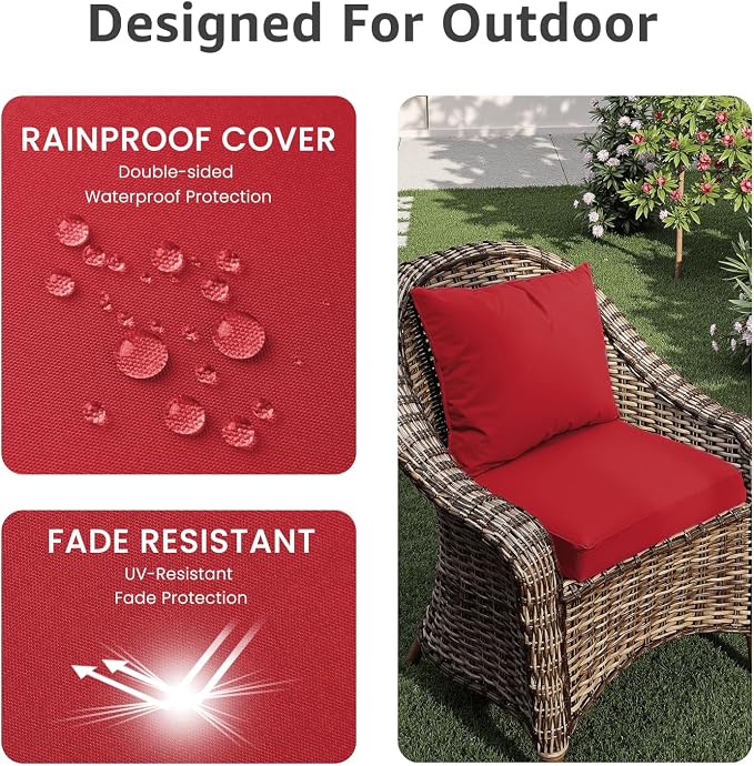 PatioGlow Outdoor Seat Cushion Set 22 x 22 x 4 Inch, Waterproof & Fade Resistant Patio Furniture Cushions with Removable Cover and Ties, Thick Deep Seating Pads for Outside Chair Sofa Couch, Red - Image 3