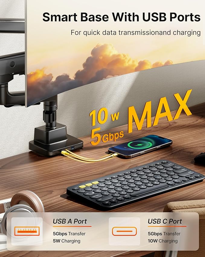 monTEK Dual Ultrawide Monitor Arm for 17-57" Screens, USB, Black | USB-A/C ports, pneumatic lift, quick-release VESA 75/100 plates, clamp/grommet bases and hidden cable routing - Image 8