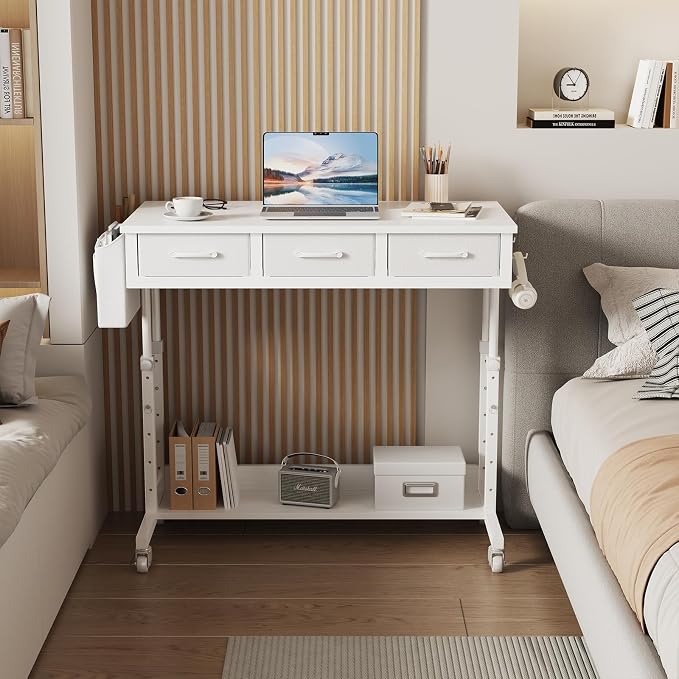 White Portable Rolling Computer Desk - 40 Inch Adjustable Mobile Standing Teacher Desks with 3 Fabric Drawers on Wheels, Couch Sofa Side Laptop Stand Up Table with Storage for Home Office, White - Image 5