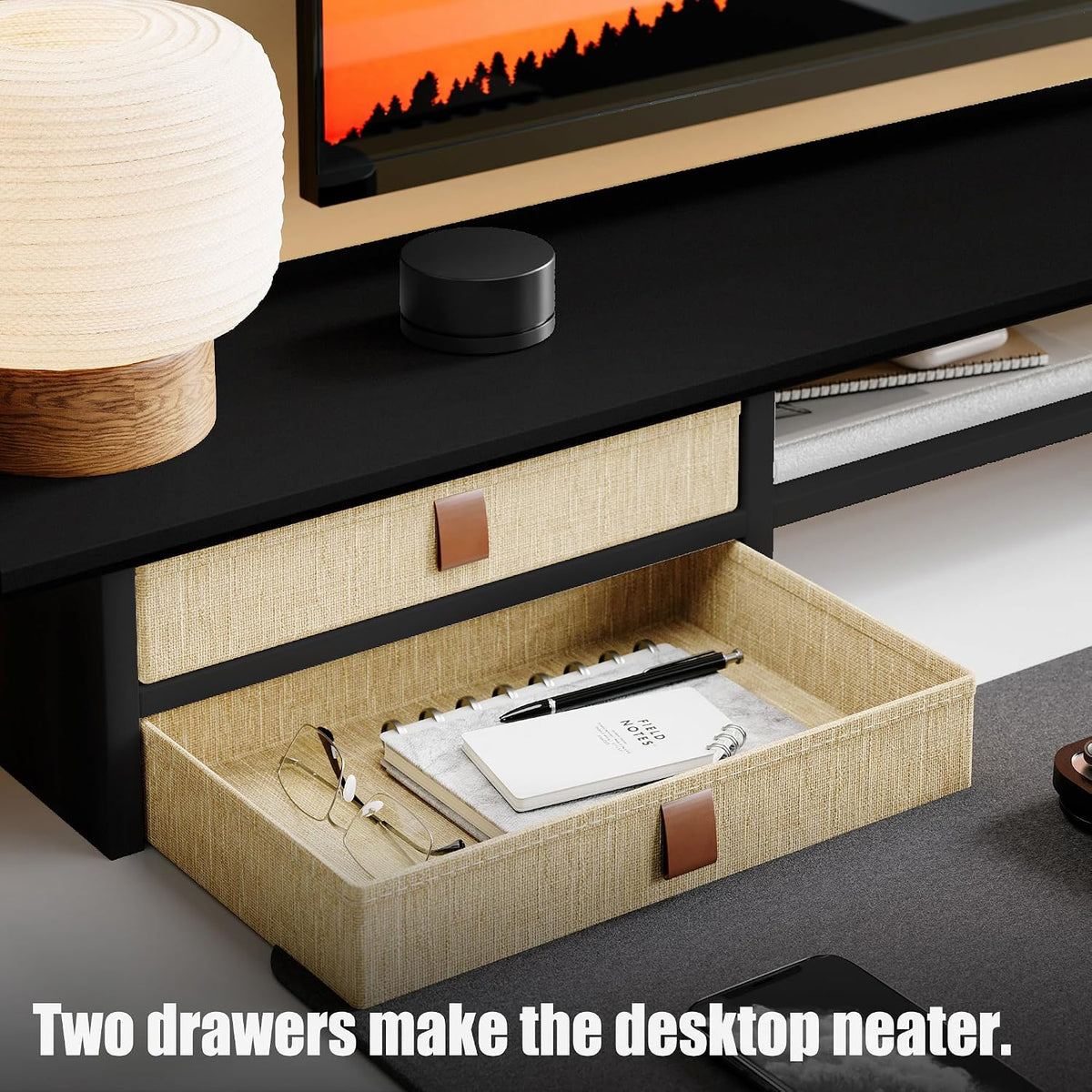 Dual‑Tier Monitor Stand Riser with Drawers, Desktop Organizer Shelf Storage for Computer Screen 2 Monitors, Supports for PC Computer Monitor, Printer, Heavy TV Riser Black - Image 3