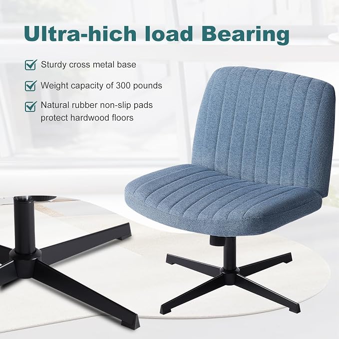 OLIXIS Criss Cross Chair, Vanity Chair, Home Office Desk | Height Adjustable, Comfy Fabric, Armless Wide Seating for Bedroom Student Study Room, Blue No Wheel - Image 5