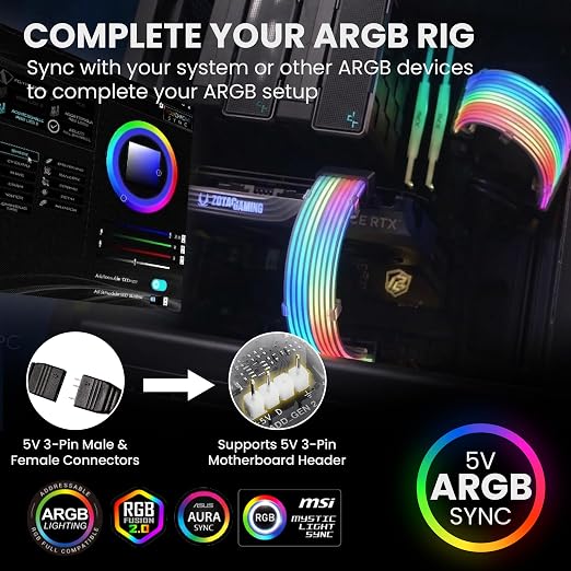 TECWARE Flex RGB Cable Cover Kit | Compatible with 24-Pin Motherboard and 8-Pin/16-Pin GPU | ARGB PSU Cable Extension with 5V 3-Pin Sync | RGB Lighting Kit for PC Cables | Black - Image 6