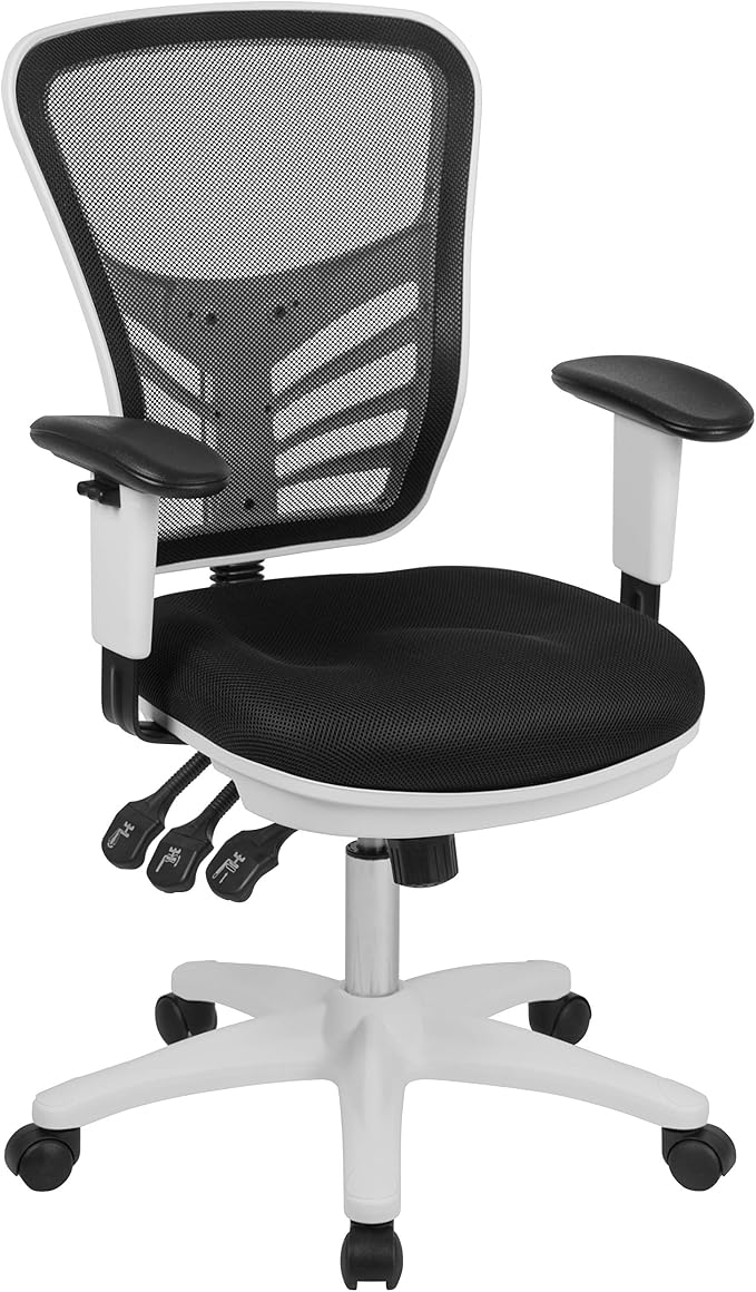 Flash Furniture Mid-Back Black Mesh Multifunction Executive Swivel Ergonomic Office Chair with Adjustable Arms and White Frame | Adjustable Armrests, 360° Swivel, Height Adjustable, Commercial Grade by FlashFurniture
