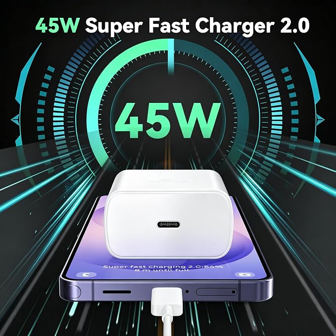 45W Super Fast Charger USB C Android Phone Type C Charger Fast Charging Block with 6.6FT Cord for Samsung Galaxy S26/S26 Ultra/S26+/S25 Ultra/S25/S24 Ultra/S24/S23 Ultra/S22/S21/S20/Note 10, White - Image 6