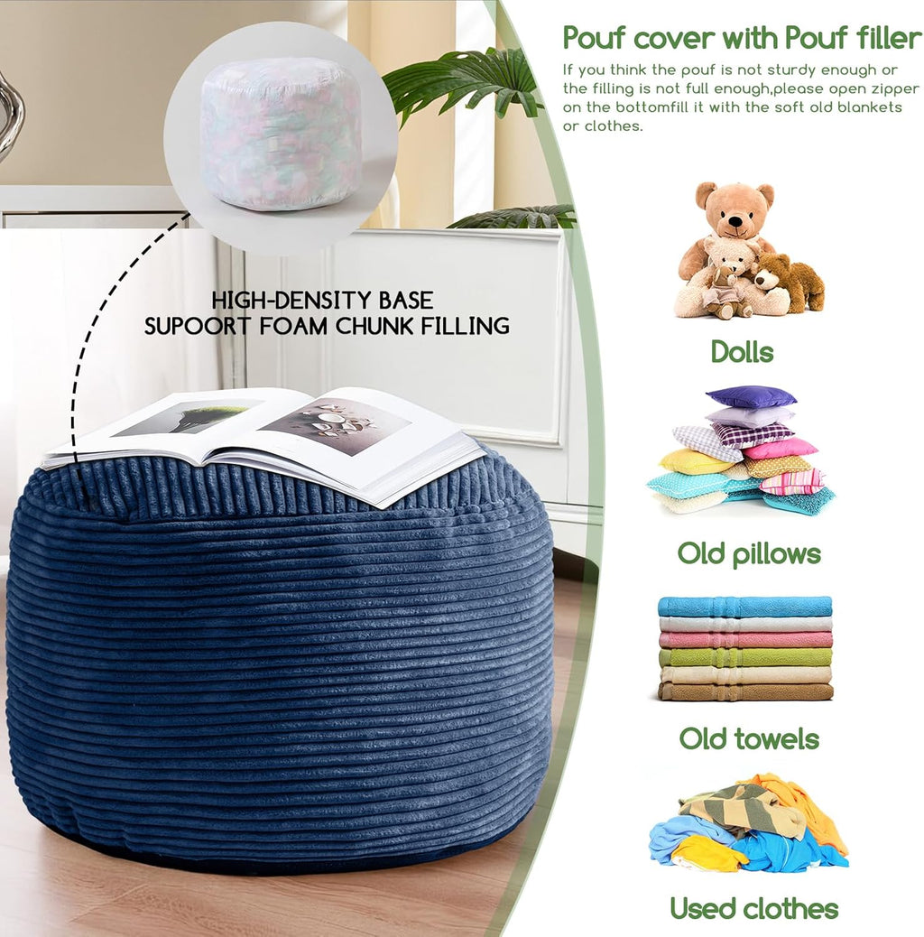 HIGOGOGO Round Stuffed Pouf Ottoman, Corduroy Poufs with Foam Chunk Filling, Furry and Fluffy Pouf Foot Stool Storage Ottoman, 26 X 18 Floor Poufs Foot Rest for Living Room, Bluestone - Image 5