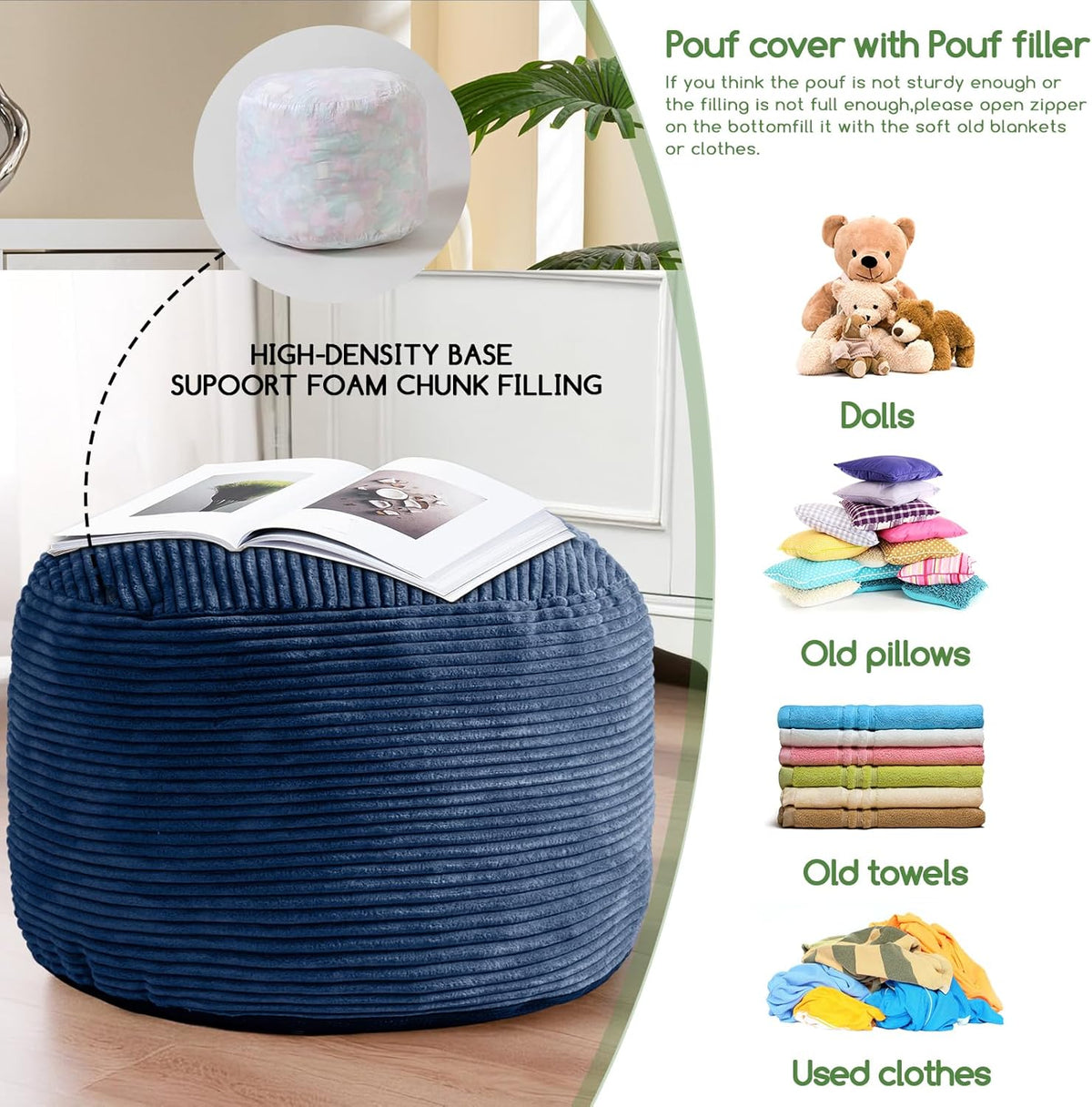 HIGOGOGO Round Stuffed Pouf Ottoman, Corduroy Poufs with Foam Chunk Filling, Furry and Fluffy Pouf Foot Stool Storage Ottoman, 20 X 15 Floor Poufs Foot Rest for Living Room, Bluestone - Image 5