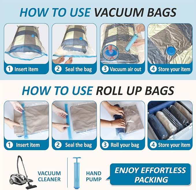 Vacuum Storage Bags with Hand Pump, Vacuum Seal Space Saver Bags,20 Combo | 80% Space-Saving Bags for Clothing, Blankets, Pillows, Bedding & Comforters; Multi-Size Variety Pack for Home & Travel - Image 7