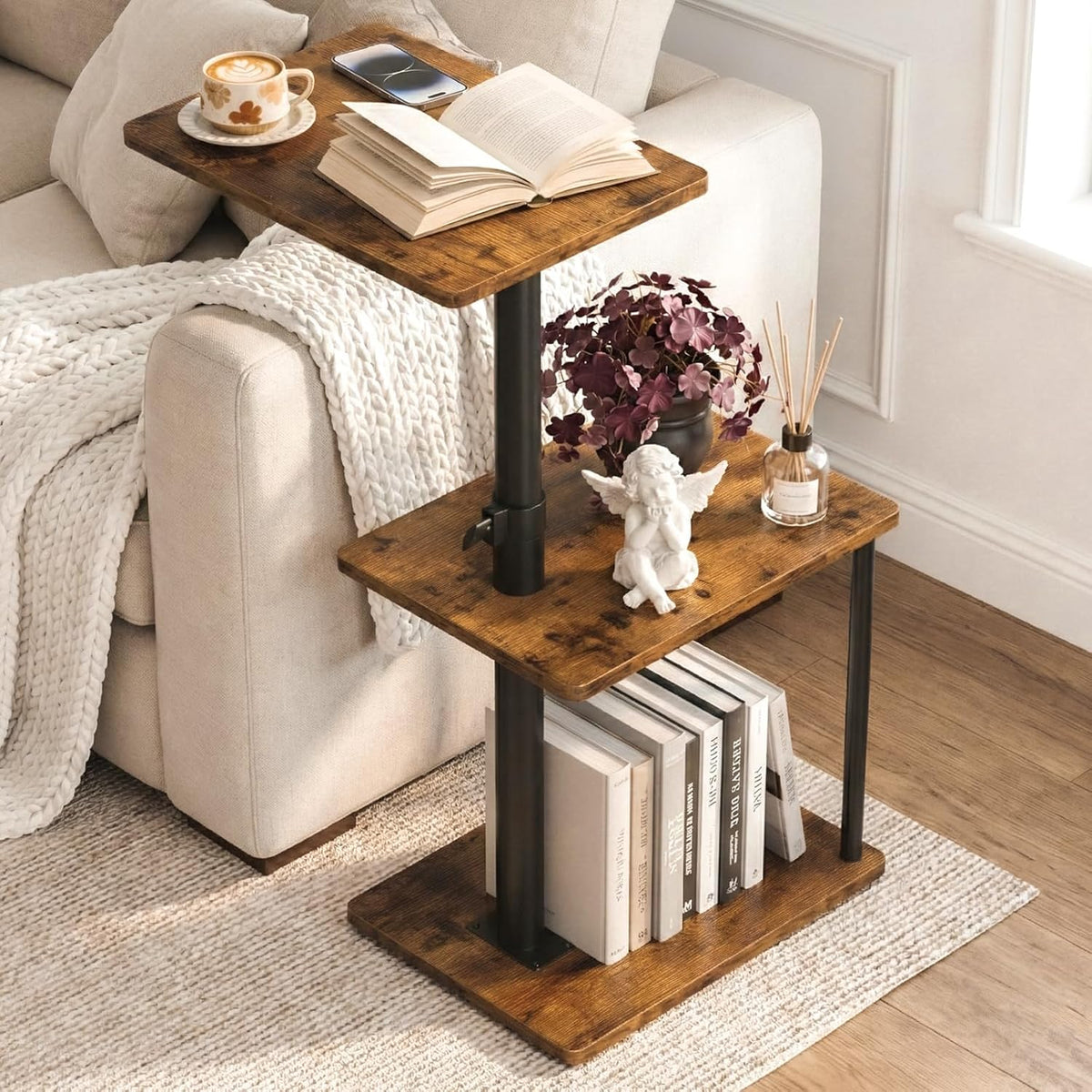 360° Swivel Side Table for Height Adjustable, C Shaped End Table for Couch with Storage, 3-Tier Night Stand with Open Shelf, Tv Tray for Small Spaces, Living Room, Bedroom, Rustic Brown by Faesun