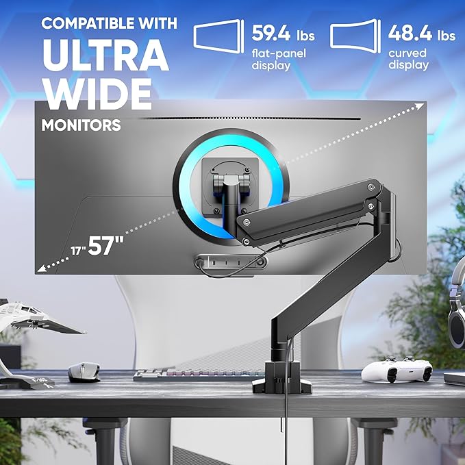 ONKRON Heavy Duty Monitor Arm for 17-57 Inch Screens up to 59.4 lbs, Ultrawide Screen Mount with Adjustable Gas Spring, VESA 75x75-200x200, Single Arm Monitor Mount for Desk, Clamp & Grommet Black | Ultrawide monitor mount with 23" extension, gas sprin... - Image 3