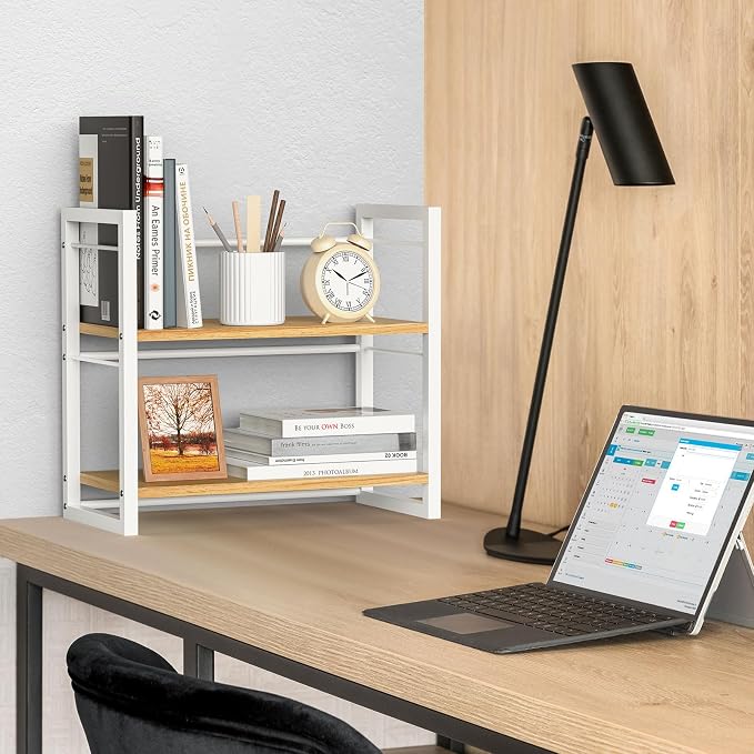 Office Desk Shelf Organizer, Wood Desktop Bookshelf Supplies Storage Rack, Shelf for Top of Desk and Dresser (White-2 Tier) - Image 2