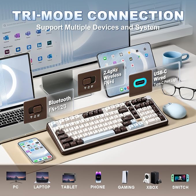 YUNZII B98 PRO 96% Wireless Mechanical Keyboard(Coffee Brown, Milk Switch) | QMK/VIA, with Numpad, Dual-Style Knob Design, Creamy Pre-Lubed Switches, Hot Swap, Gasket Mount, RGB for Gaming/Win/Mac - Image 3