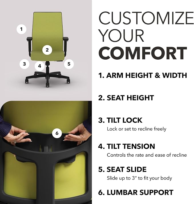 HON Ignition 2.0 Ergonomic Office Chair, Lumbar Support, Desk Chair, Pear | Ergonomic office desk chair with lumbar support, adjustable arms, office decor, workstation comfort for focused productivity - Image 3