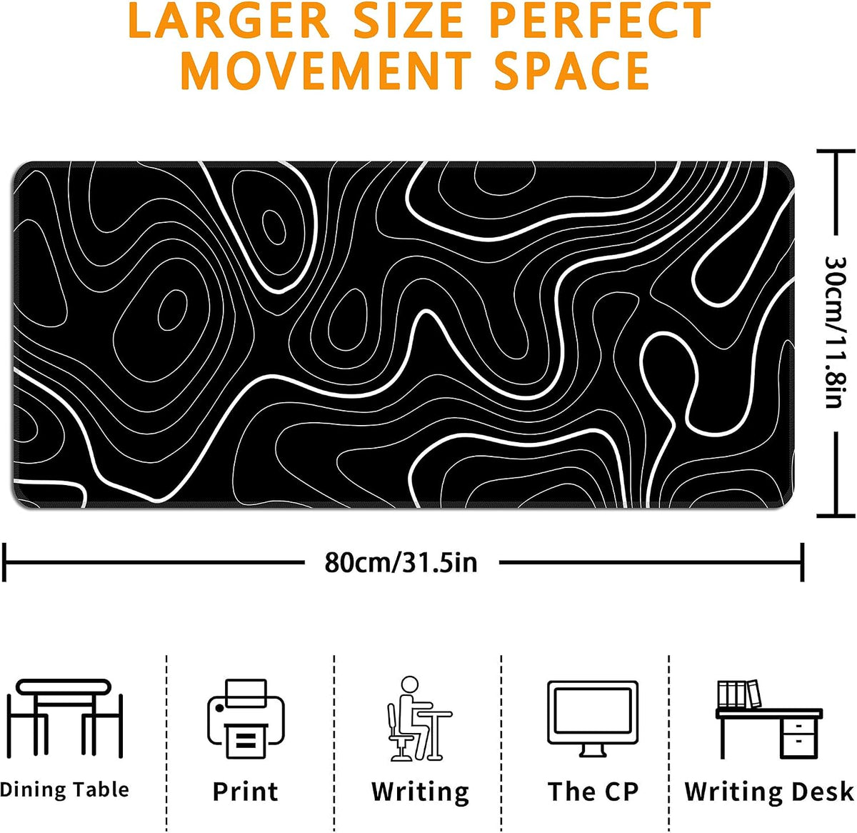 Black Topographic Map Mouse Pad,XL 31.5"x11.8" Big Gaming Mousepad,Minimalist Lines Large Extended Mouse Mat,Non-Slip Rubber Base Waterproof with Stitched Edges for Gaming Office Home - Image 3