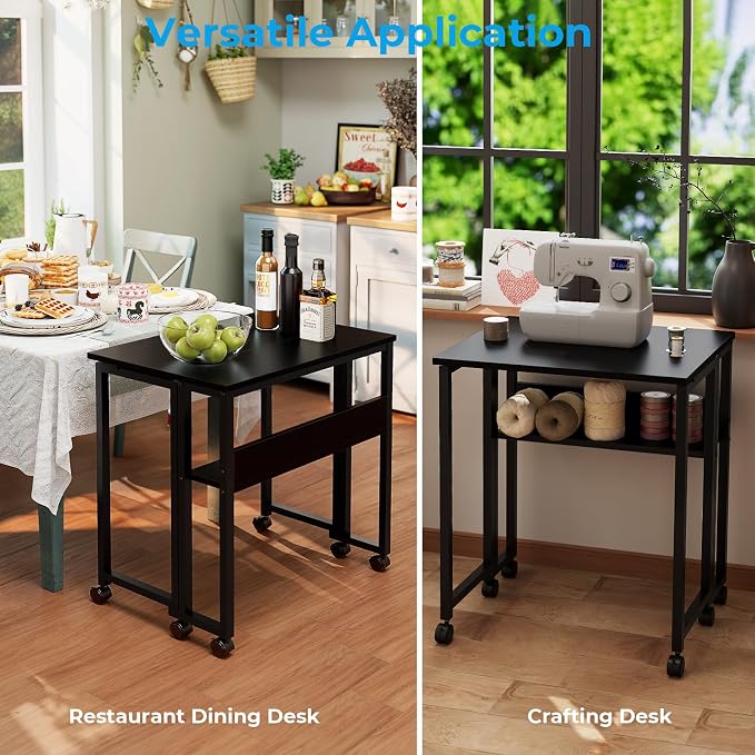 GreenForest Folding Desk with Wheels, 24.8" Rolling Table for Small Spaces | Storage Shelf, Lockable Casters, Compact Portable Workstation, Space-Saving Foldable Sofa Table, Home Office, Mobile, Black - Image 7