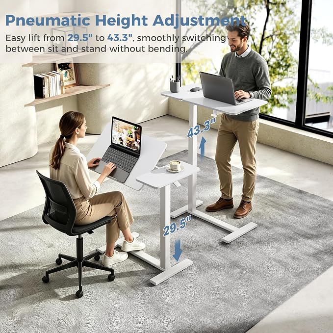 DUMOS Standing Desk with Wheels, Rolling Desk, Laptop Table | Adjustable Height, Portable Computer Workstation, Tilting Desktop, Home Office Classroom Bedside, White - Image 4