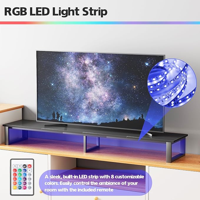 aboxoo 45" TV Riser with Light for 32-60 inch TV, TV Shelf with Steel Legs | Black TV Riser Stand with Storage, Tabletop TV Riser for Home Living Room, Study Office, Fit TV, Monitor, Laptop - Image 5