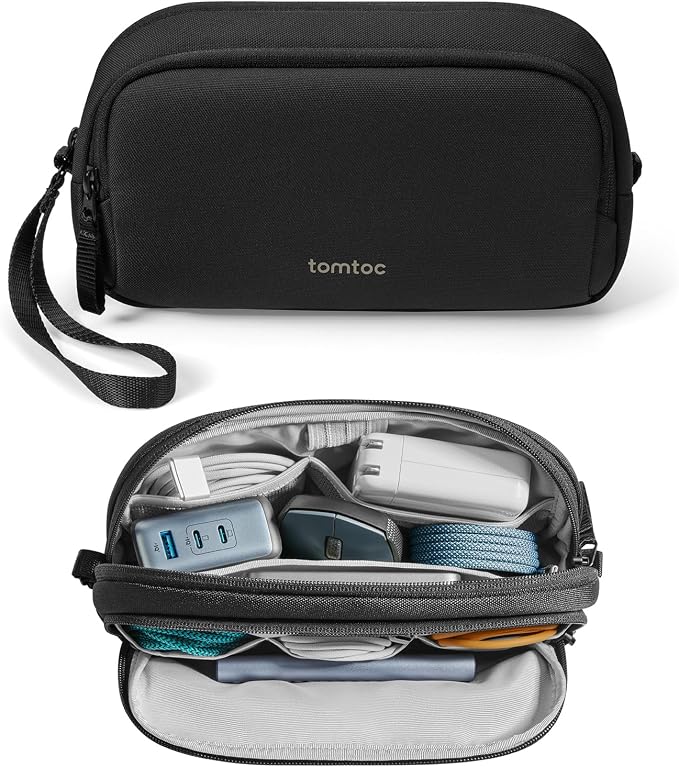 tomtoc Electronic Organizer Travel Case, Dual Compartment Tech Organization | Water Resistant Cable Pouch Storage Bag for Charger, Cord, Phone, Hard Drive, Power Bank, Accessories Travel Essentials by tomtoc
