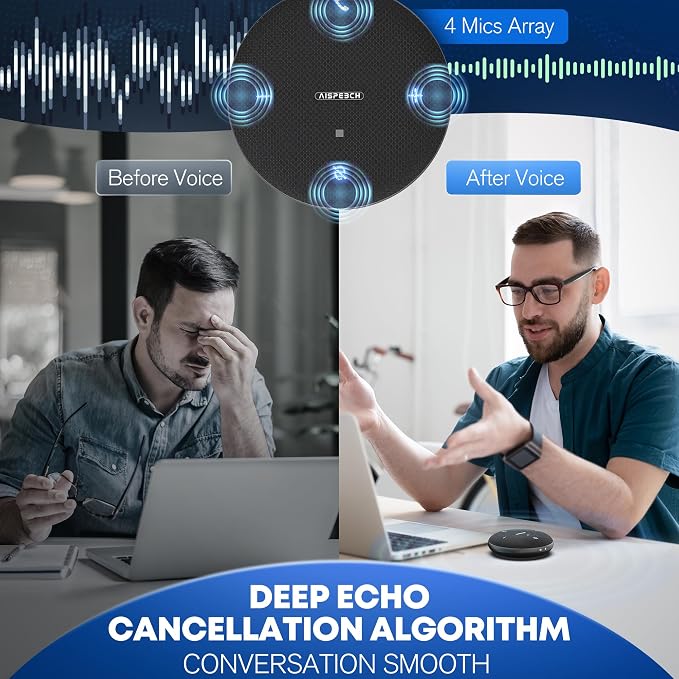 Conference Call Speaker and Microphone for Teams, Zoom, Home Office, Black | AI noise reduction, 360° voice pickup, 4-mic array, full-duplex, 16 ft range, Bluetooth, NFC, USB, up to 8 hours, mobile work - Image 4