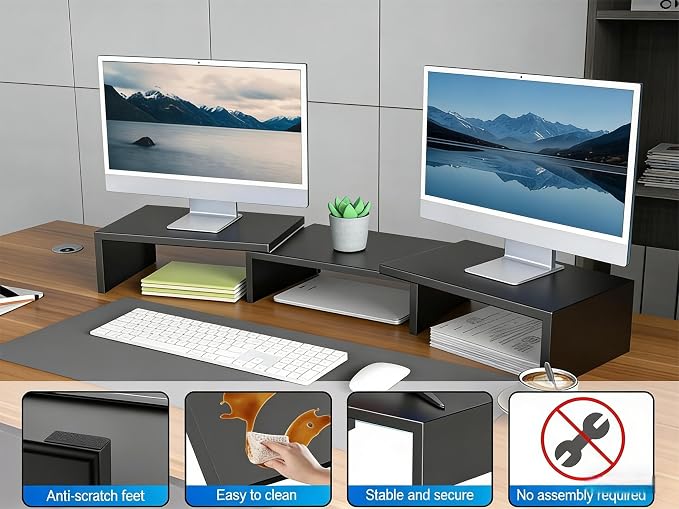 Desk Organizers and Accessories, Dual Monitor Stand Riser, Monitor Desk Shelf for Desktop Organization (Black) - Image 3