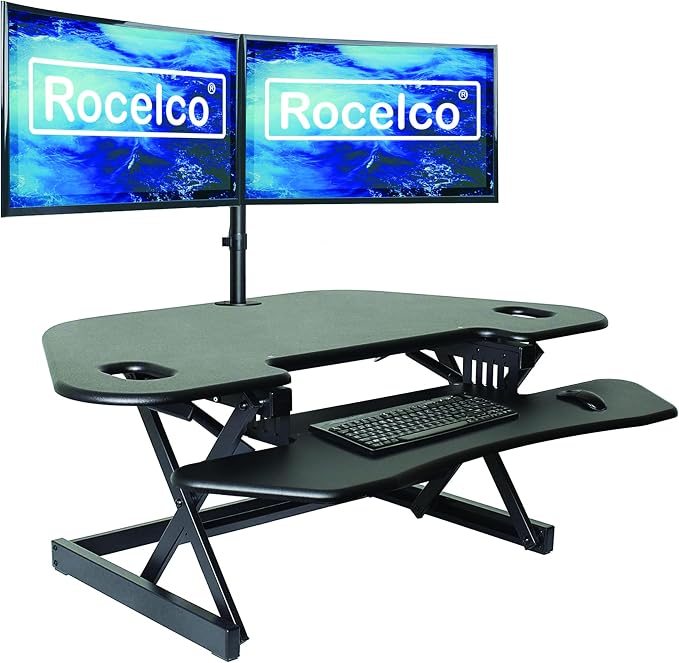 Rocelco 46" Height Adjustable Corner Standing Desk Converter with AC Outlet USB Charger and Dual Monitor Arm Mount - Stand Up Tabletop Riser Workstation - Keyboard Tray - Black (R CADRB-46-ACUSB-DM2) - Image 2