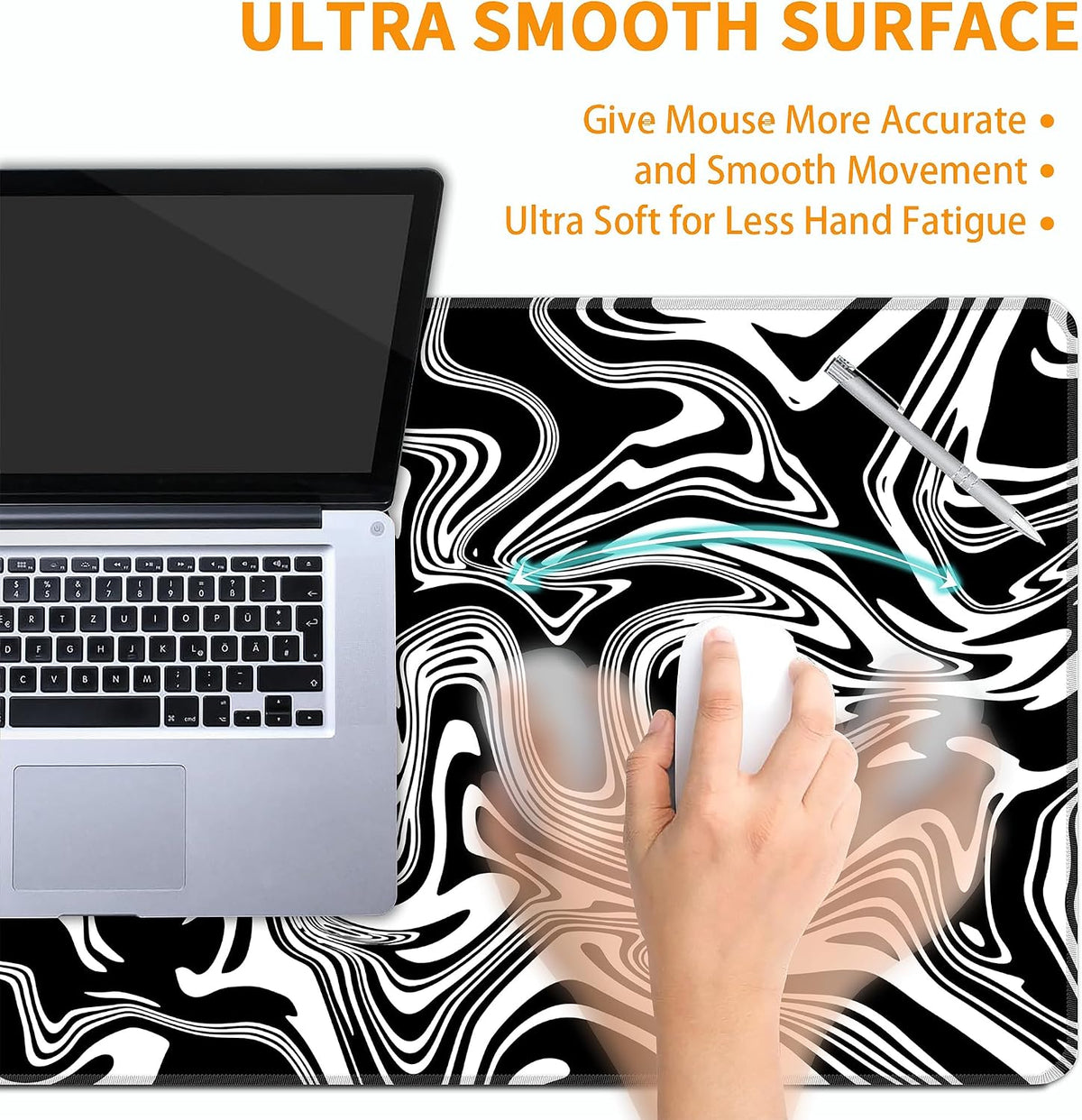 Black Gray Fluid Mouse Pad,XXL 35.4"x15.7" Big Gaming Mousepad,Marble Large Extended Mouse Mat,Non-Slip Rubber Base Waterproof with Stitched Edges for Gaming Office Home - Image 5