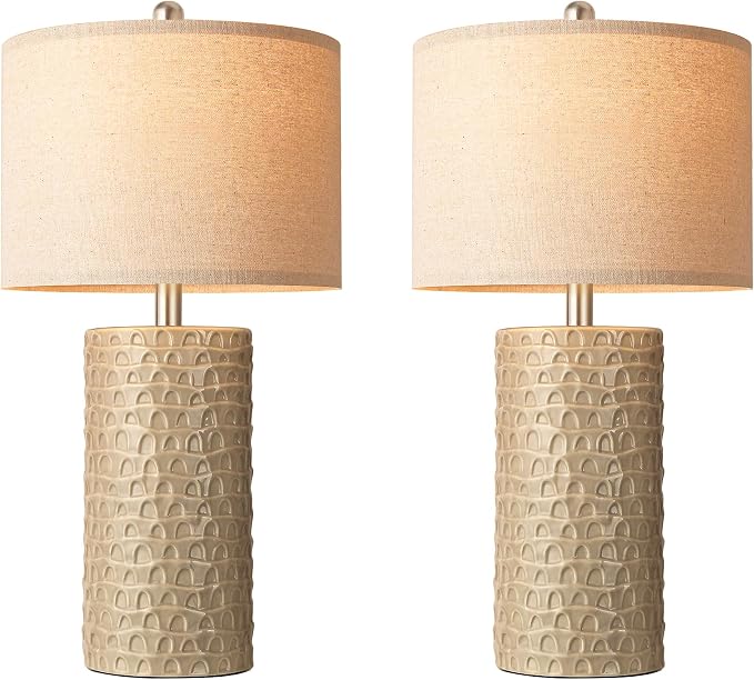 23" Modern Ceramic Table Lamp Set of 2, Table Lamps for Living Room, Rustic Farmhouse Bedside Lamps Nightstand lamp for Bedroom, Desk Lamp for End Table Home Decor Beige - Image 9