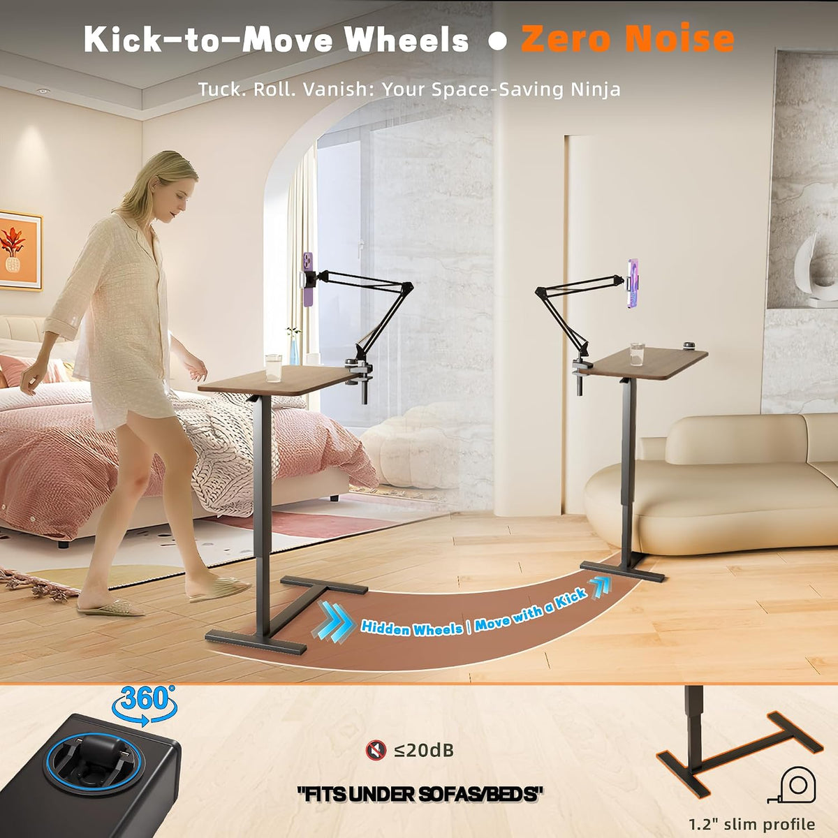 Overbed Table with Wheels, Adjustable Medical Bedside Table, Wood - Image 5