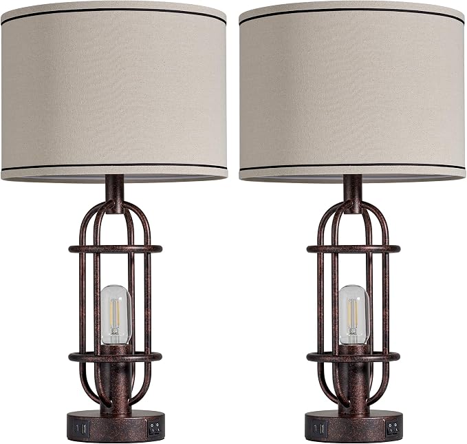 Reaketon 22.3" Table Lamps for Living Room Set of 2, Farmhouse Lamps for Nightstand, Vintage Table Lamps for Bedroom with USB Ports, Bulbs Included - Image 7