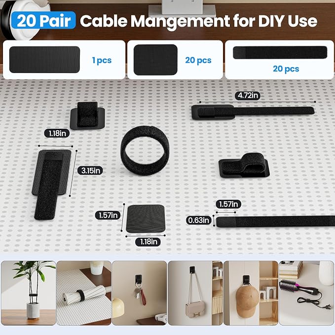 Cable Management Under Desk, Enhanced up to 15 Cord Organizer 20 Pair-Black | Reusable, No Residue Left, Adjustable Hook and Loop Cable Ties, Wire Hider Under Table, Home Office Essentials - Image 7