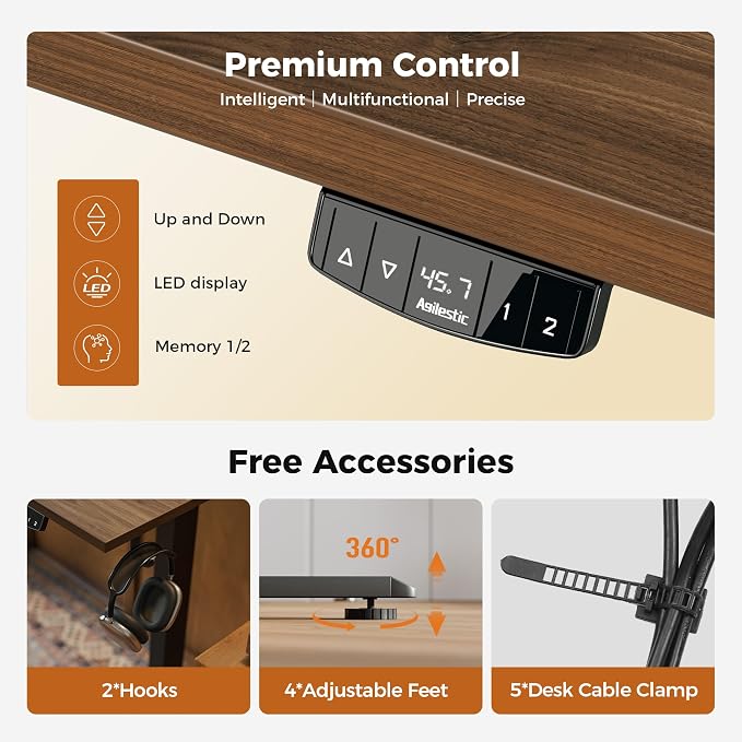 Agilestic Electric Height Adjustable Standing Desk, 48 Inch, Dark Walnut | Smooth Height Adjustment, Memory Presets, Hooks, Stable Steel Frame,154 lbs Capacity, Easy Assembly, Splice Board - Image 7