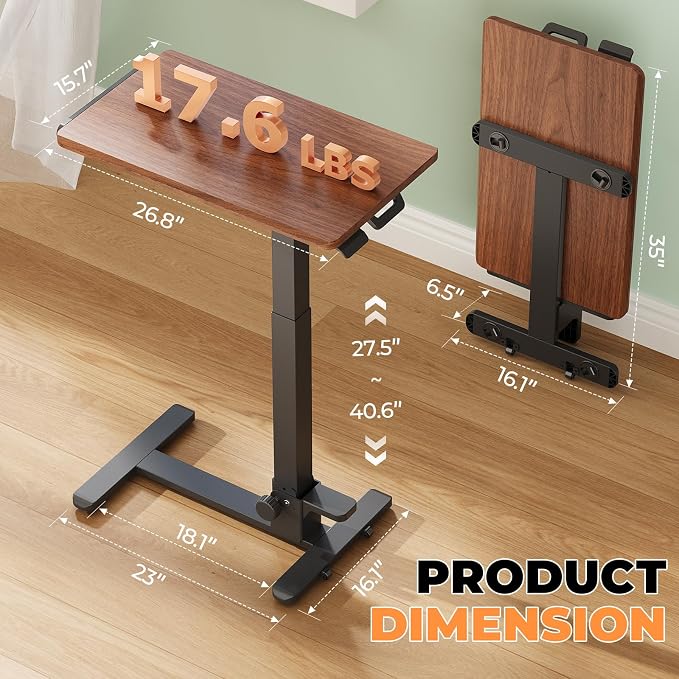 27" Foldable Standing Desk, No-Assembly Needed, Dark Wood | Height Adjustable Portable Mobile Desk with 90° Tiltable Desktop for Storage, End Table for Couch on Wheels - Image 2