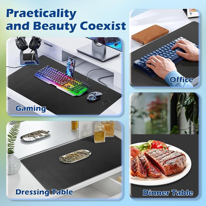 Wireless Charging Desk Mat, Mouse Pad,Black-R, 36 * 17 inch | Desk Pad for Desktop Charging, Large Mouse Pad, Waterproof Leather Computer Mat, Non-Slip Protector, For Keyboard and Mouse - Image 6
