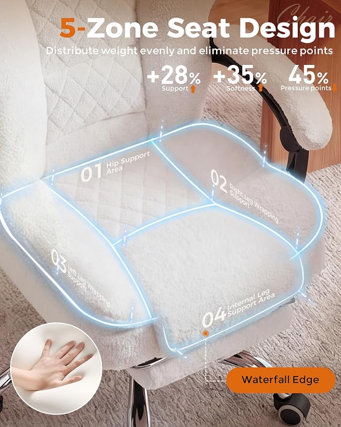 GTPLAYER Big and Tall Office Chair with Pocket Spring Cushion & Ergonomic Lumbar Support for Lower Back Pain Relief, High Back Computer Gaming Chair with Foot Rest, Comfy Teddy Fleece, White - Image 6