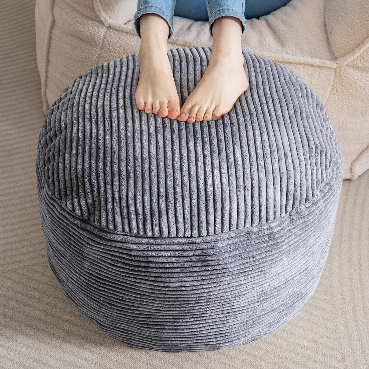 HIGOGOGO Round Stuffed Pouf Ottoman, Corduroy Poufs with Foam Chunk Filling, Furry and Fluffy Pouf Foot Stool Storage Ottoman, 20 X 15 Floor Poufs Foot Rest for Living Room, Dark Grey by HIGOGOGO