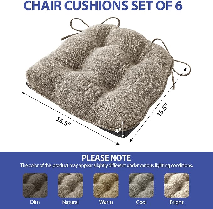 IPYNBAP Chair Cushions for Dining Chairs Set of 6, Kitchen Chair Cushions, Chair Pads with Ties and Non Slip Backing, Tufted Memory Foam Seat Cushion 6 Pack, 15.5" x 15.5" x 4", Khaki - Image 3