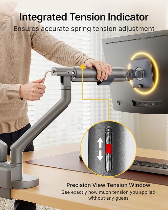 monTEK Aluminum Dual Monitor Arm for 17-35" Screens, 24.3 lbs Each, Gray | Mechanical spring, tension indicator, full motion, VESA 75/100 compatibility, clamp/grommet bases and cable routing - Image 3