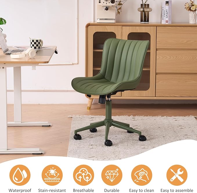 YOUNIKE Office Desk Chair with Wheels Armless Vanity Chair Ergonomic Green | Faux Leather Upholstered with Rocking Back, Swivel Height Adjustable, Modern Small Cute Task Chair For Sewing Drafting - Image 7