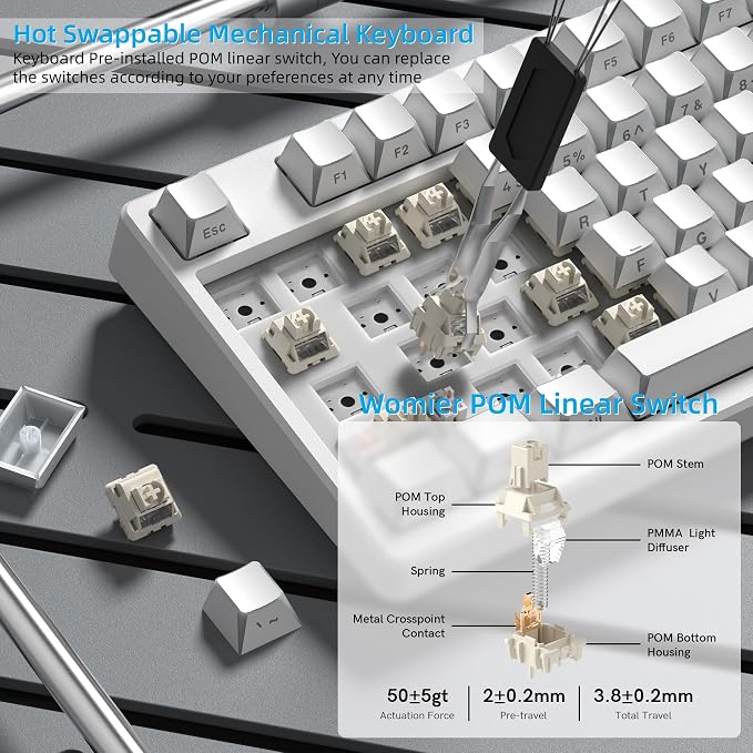 Womier 75% Wireless Mechanical Keyboard with Color Multimedia Screen | PC Gaming Keyboard, 3-Modes Hot Swappable Shine Through Manga Keyboard w/Wrist Rest, Gasket RGB Custom for Mac/Win (SK80 PRO） - Image 6