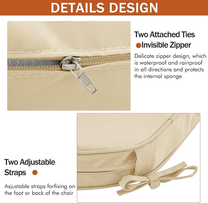 Outdoor Chair Cushions Set of 4, 17 x 16 Inch Waterproof Seat Pads | 3 Year Color Fastness Thick Patio Chair Cushion with Ties for Garden Lawn Sofa Couch, Beige - Image 8