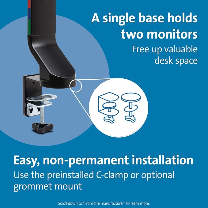 Kensington Dual Monitor Mount for Desk, C-clamp Vesa Monitor Stand Fits 2 Ultrawide Monitors Up to 27 Inches, Low Profile Stand, Height Adjustable Rotating Free Standing Arm, Black - Image 5