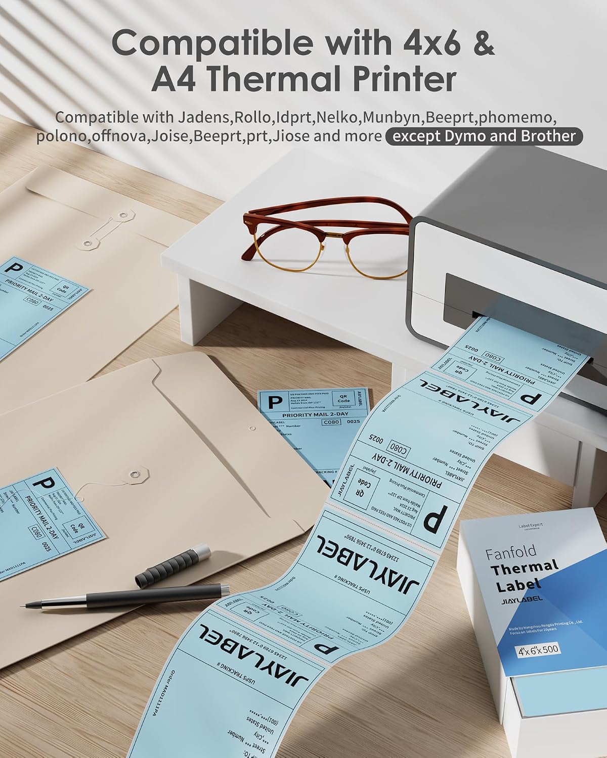 4x6 Thermal Shipping Label Mailing Postage Stickers Paper for Direct Thermal Label Printer USPS UPS Address Big Packing Fanfold Blue Color 500 Labels/Stack,1 Stack - Image 3