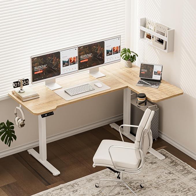 L Shaped Electric Standing Desk - 51x31.5 Inch Reversible Corner Sit Stand Desk with Hook&Cup Holder,Electric Height Adjustable Table,for Small Home Office&Bedroom Computer Desk, Oak - Image 2