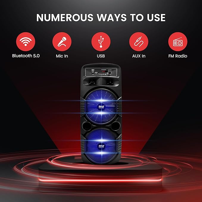 Pyle Portable Bluetooth PA Speaker System - 600W Rechargeable Outdoor Bluetooth Speaker Portable PA System w/ Dual 8” Subwoofer 1” Tweeter, Microphone In, Party Lights, USB, Radio, Remote - PPHP2835B - Image 3