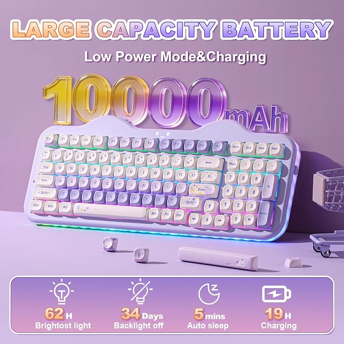 YUNZII C98 Cute Cake Wireless Mechanical Keyboard(Purple, Milk Switch) | 99 Keys with Number Pad, Hot Swap, PBT MOA Keycaps, BT5.0/2.4G/USB-C, Gasket Mount, Custom RGB Backlit for Win/Mac - Image 6
